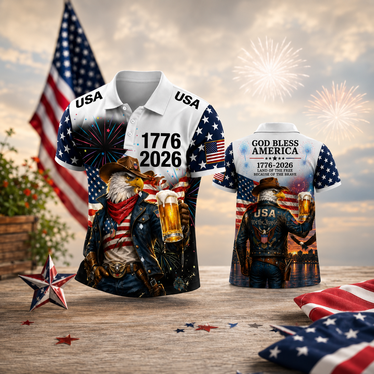 God Bless America Cowboy Eagle Beer 1776 2026 - Personalized Polo Shirt - Gift For Him