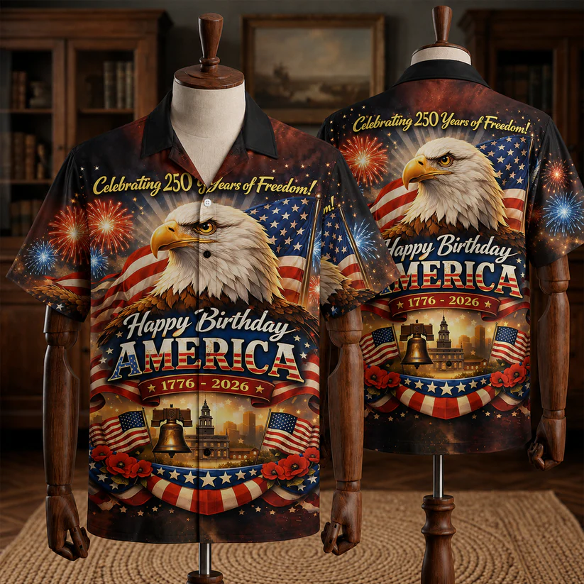 America Celebrating 250 Years Eagle US Flag - Hawaiian Shirt - Patriotic Gift For Him