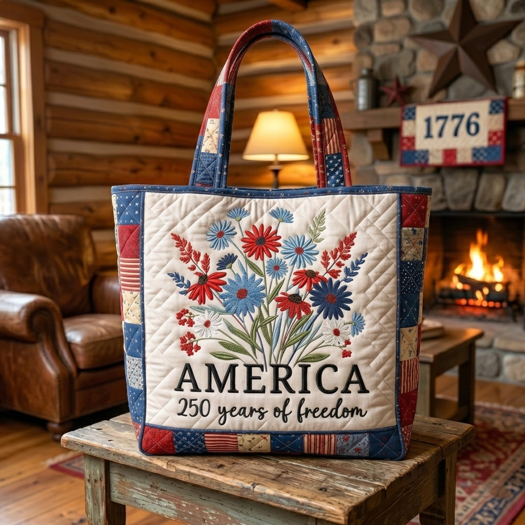 America 250 Years Of Freedom Flower - Quilted Tote Bag - Patriotic Gift For Her