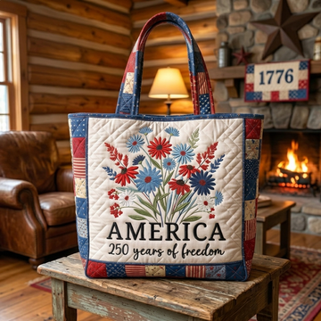 America 250 Years Of Freedom Flower - Quilted Tote Bag - Patriotic Gift For Her