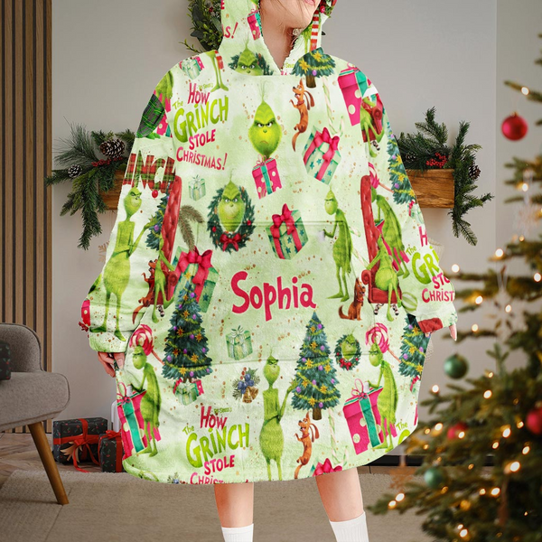Grch Green Monster Merry Grinchmas - Personalized Blanket Hoodie - Christmas Gift HH01