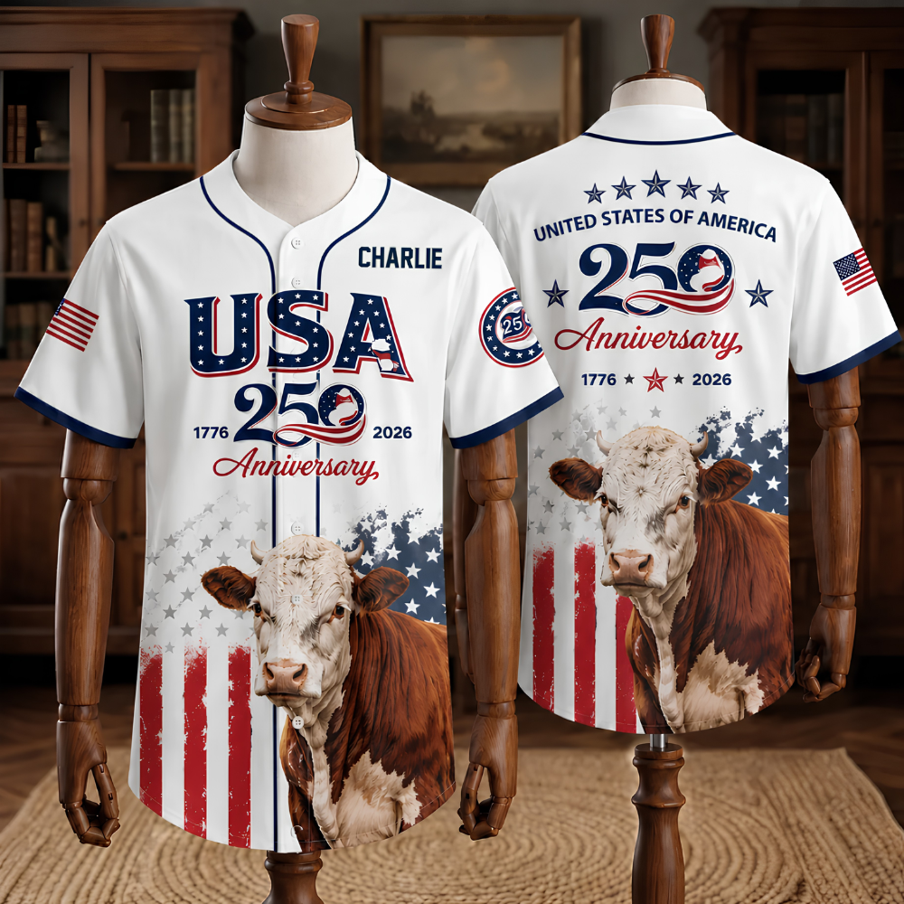 USA 250 Anniversary Hereford Cattle - Personalized Baseball Jersey - Gift For Patriots
