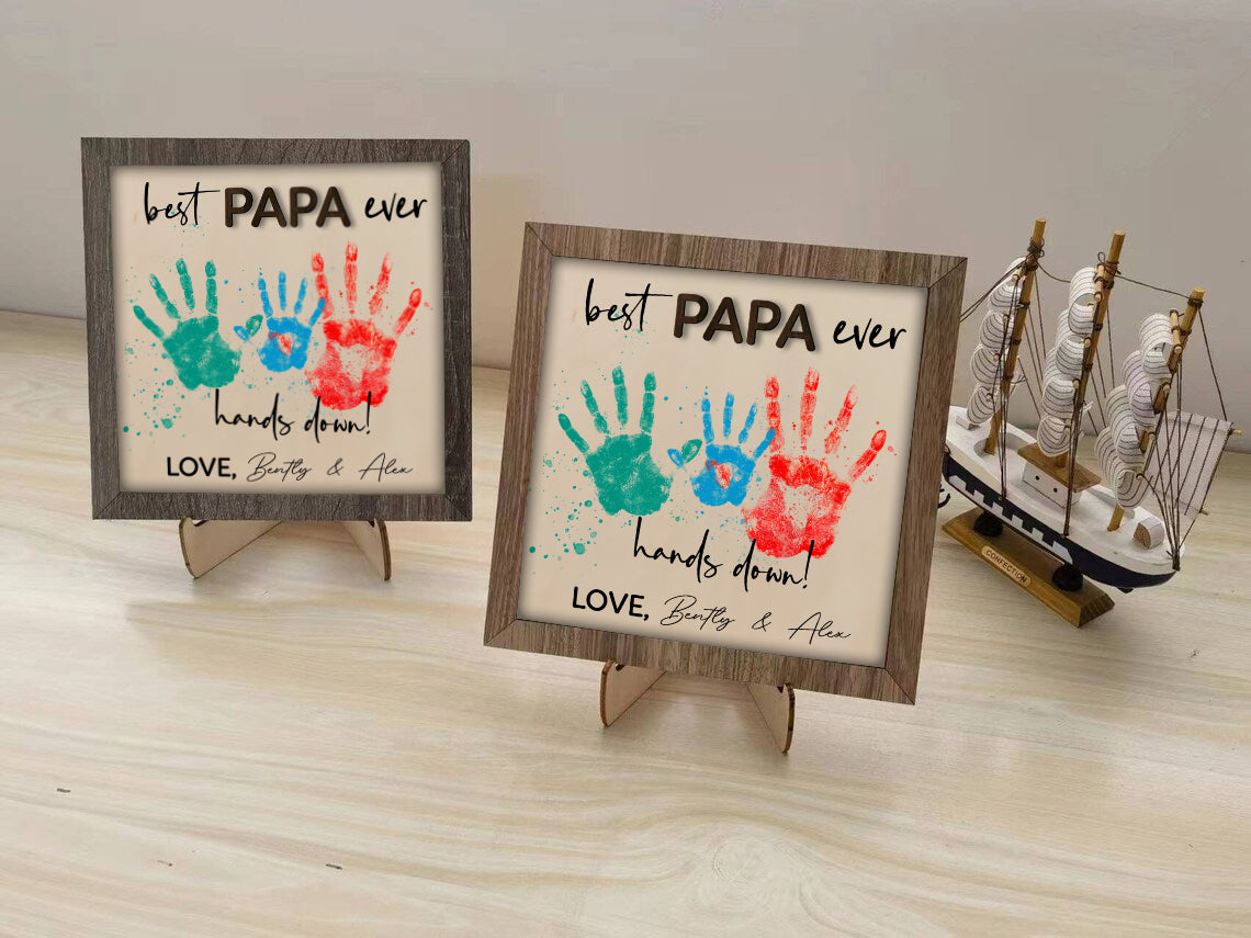 litzzy Personalized Best Dad Ever Signs, Father's Day Handprint Wooden Plaque, Handprint Art for Dad, Dad Custom Gift, Father's Day DIY Custom Wooden Sign   