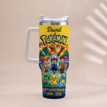 PoMo 30th Anniversary Power Monster With Their Boss - Personalized Tumbler With Handle - Gift For Movie Fans