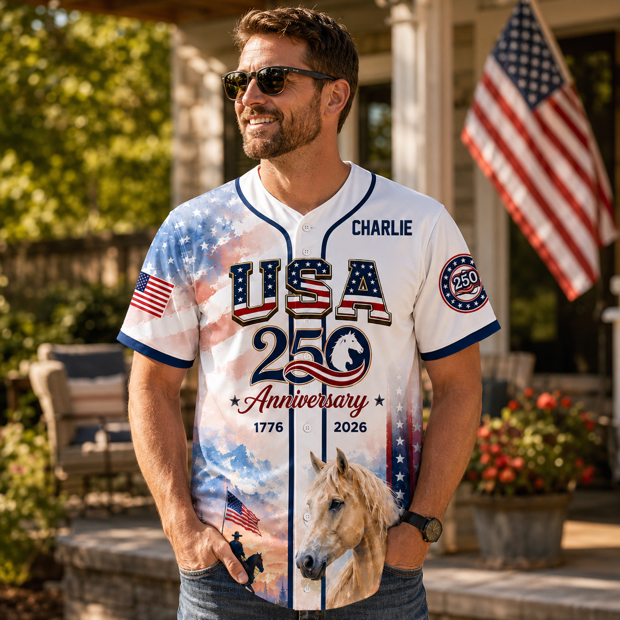 USA 250 Anniversary Horse Cavalry American Flag - Personalized Baseball Jersey - Gift For Patriots - image 2