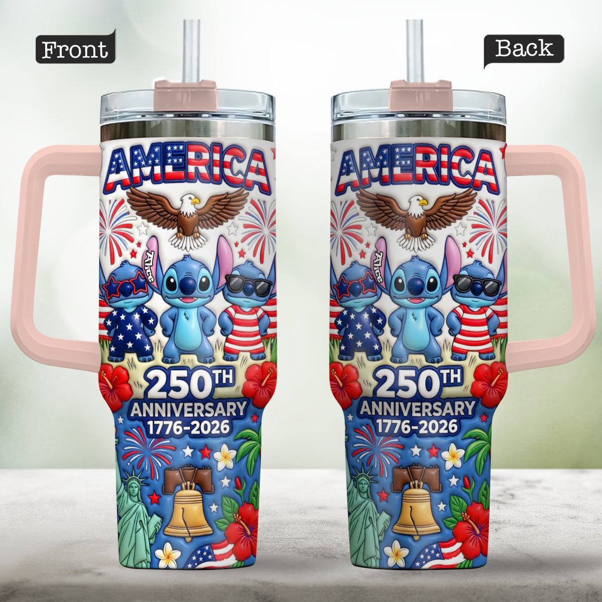 Sti 250th Anniversary Blue Alien - Personalized Tumbler With Handle - Independence Gift For Movie Fans