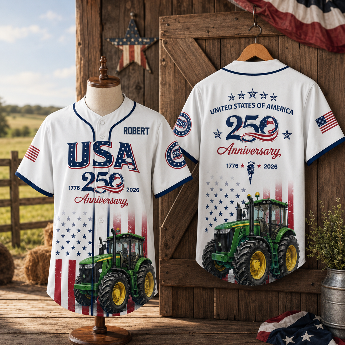 Celebrate America 250th Anniversary With Green Tractor - Personalized Baseball Jersey - Gifts For Patriotic
