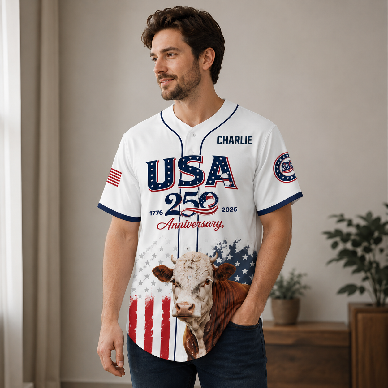 USA 250 Anniversary Hereford Cattle - Personalized Baseball Jersey - Gift For Patriots - image 2