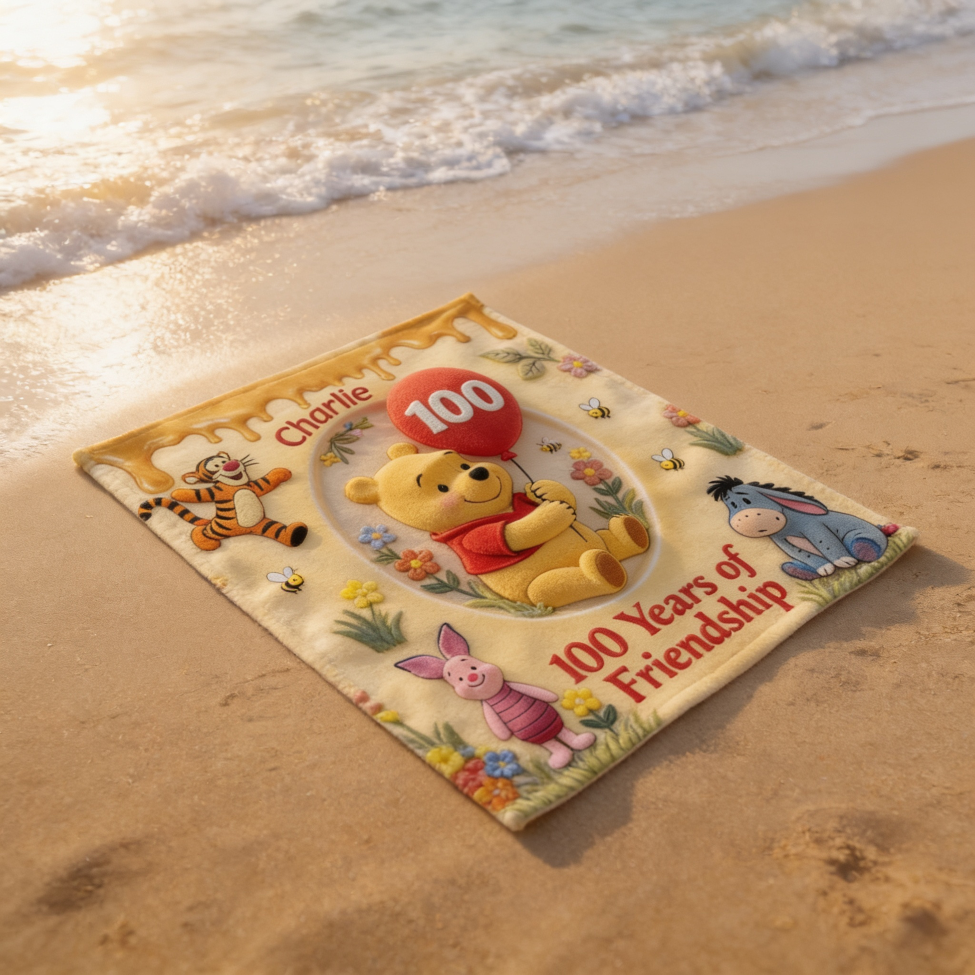 100th Anniversary Friendship With Honey Bear Celebration - Personalized Beach Towel - Vacation Gift For Movie Fans - DSNY - image 2