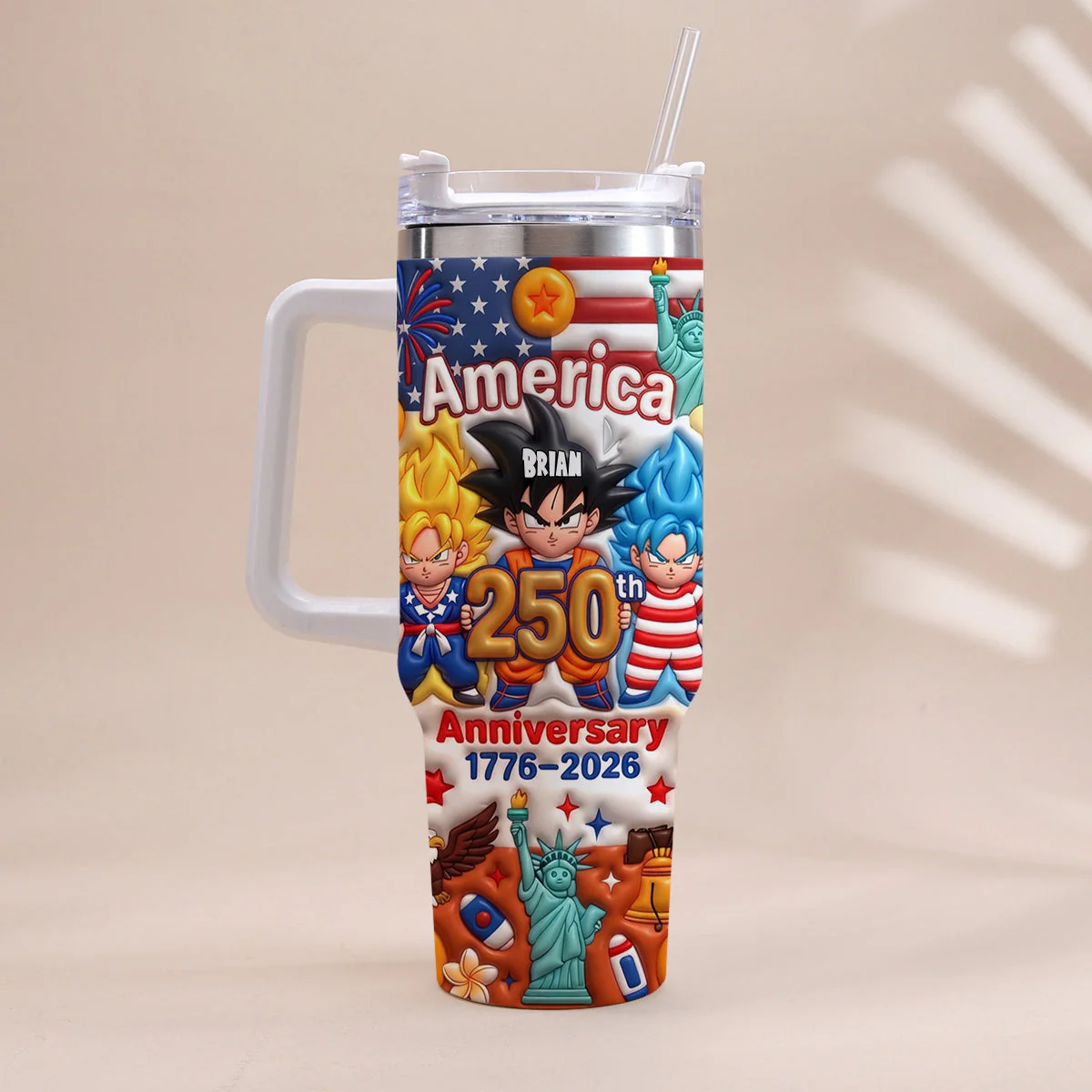 DrBa 250th Anniversary With 40 Years Power Warrior - Personalized Tumbler With Handle - Independence Gift For Movie Fans