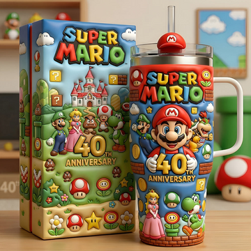 Mario 40 Years Becoming Legend - Personalized Tumbler With Handle - Anniversary Gift For Movie Fans