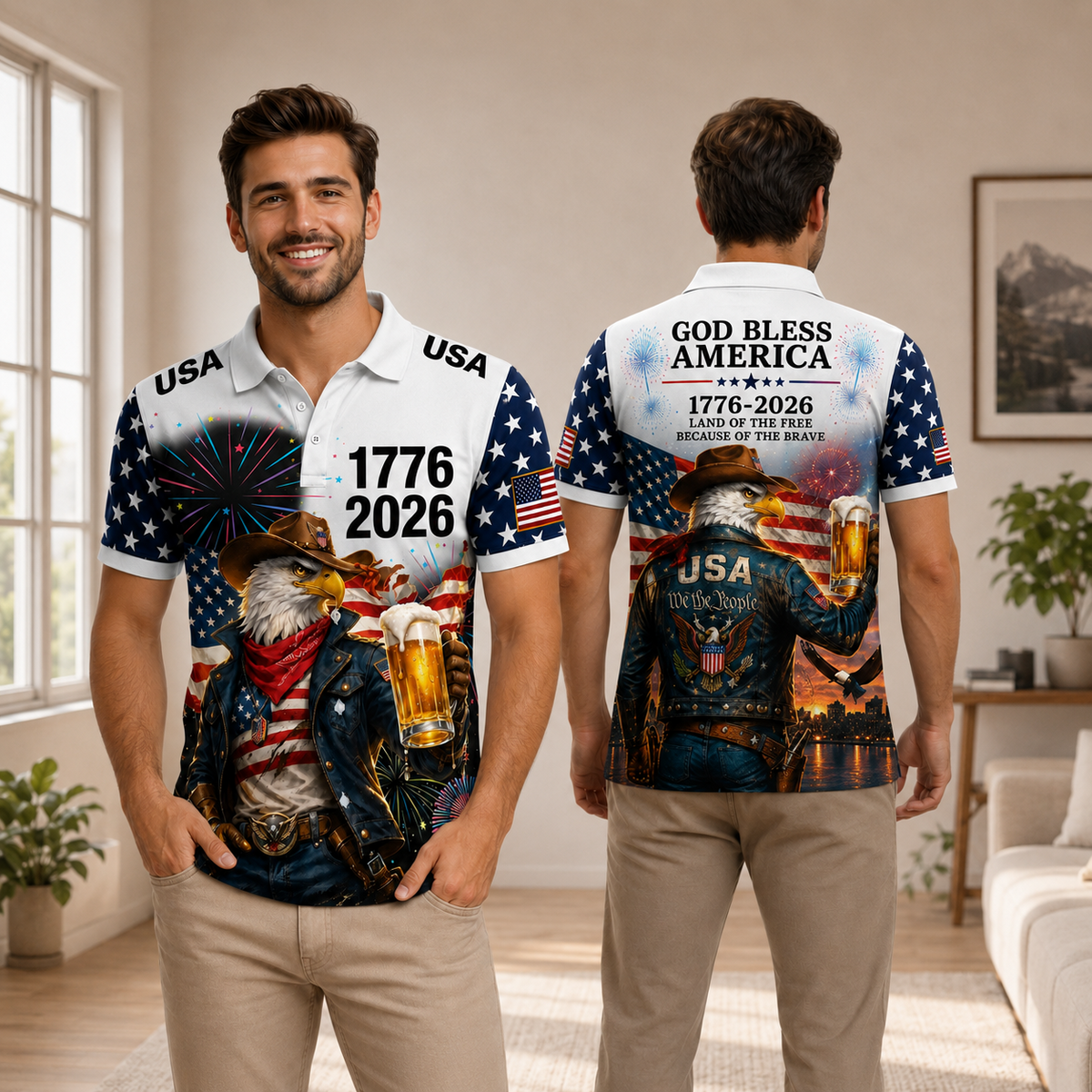 God Bless America Cowboy Eagle Beer 1776 2026 - Personalized Polo Shirt - Gift For Him - image 2