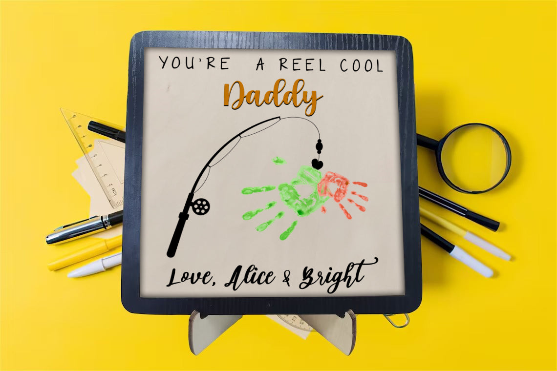 litzzy Personalized Reel Catch Papa Handprint, DIY Fishing Handprint For Father Day Gift - Litzzy DIY Customized Handmade Custom Wooden Sign   