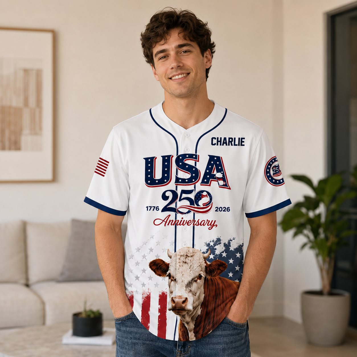 USA 250 Anniversary Hereford Cattle - Personalized Baseball Jersey - Gift For Patriots - image 3