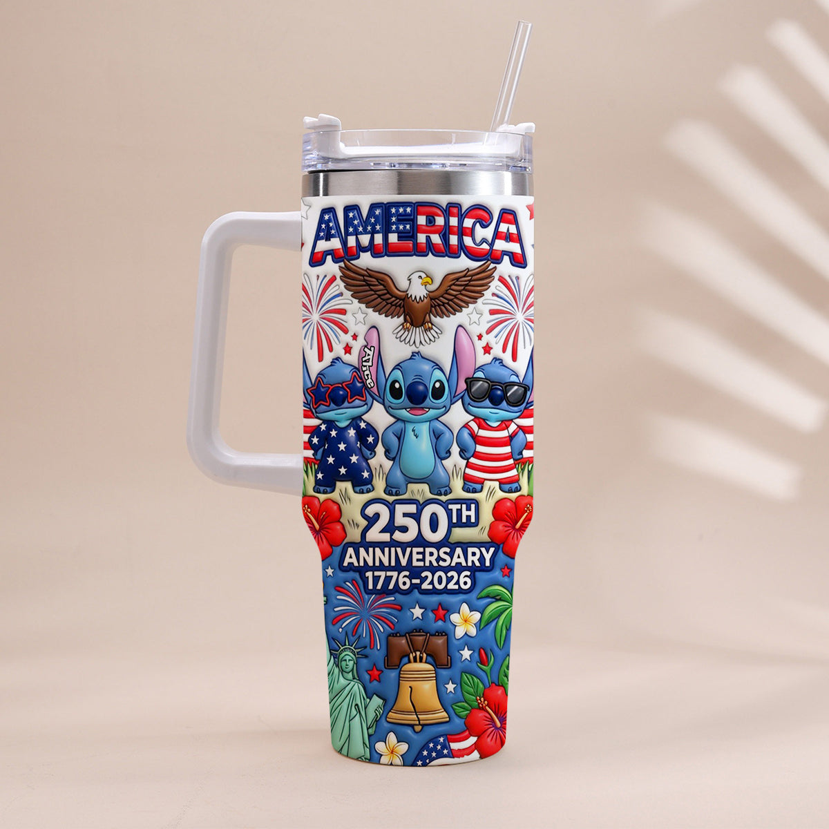 Sti 250th Anniversary Blue Alien - Personalized Tumbler With Handle - Independence Gift For Movie Fans