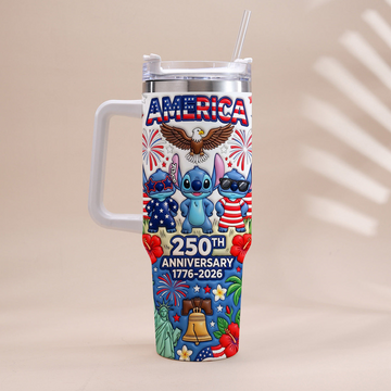 Sti 250th Anniversary Blue Alien - Personalized Tumbler With Handle - Independence Gift For Movie Fans