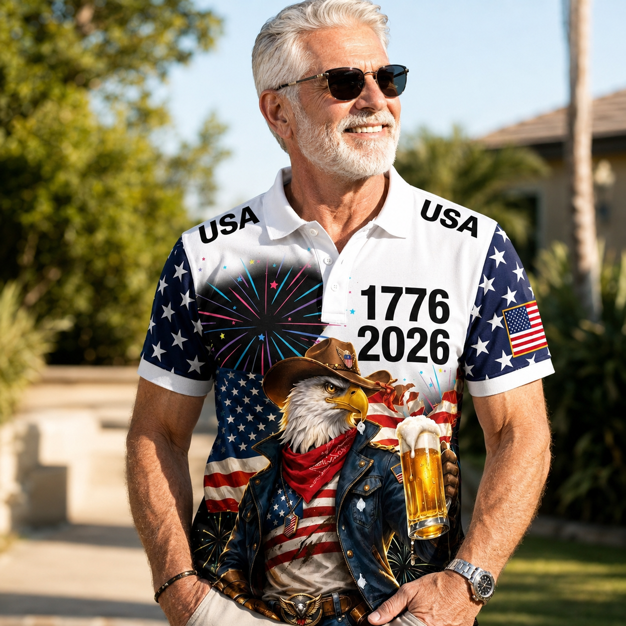 God Bless America Cowboy Eagle Beer 1776 2026 - Personalized Polo Shirt - Gift For Him - image 3