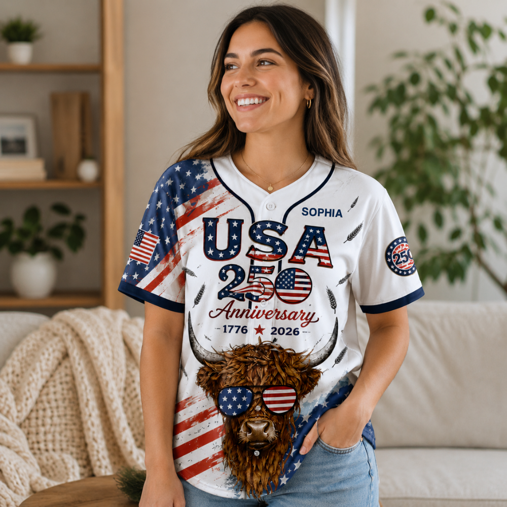 USA 250 Anniversary Highland Cow - Personalized Baseball Jersey - Gift For Patriots - image 3