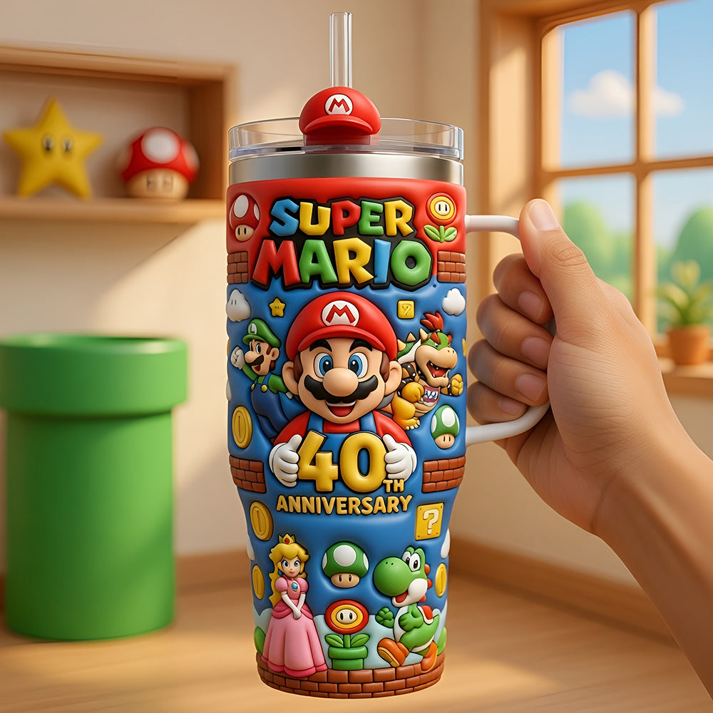 Mario 40 Years Becoming Legend - Personalized Tumbler With Handle - Anniversary Gift For Movie Fans