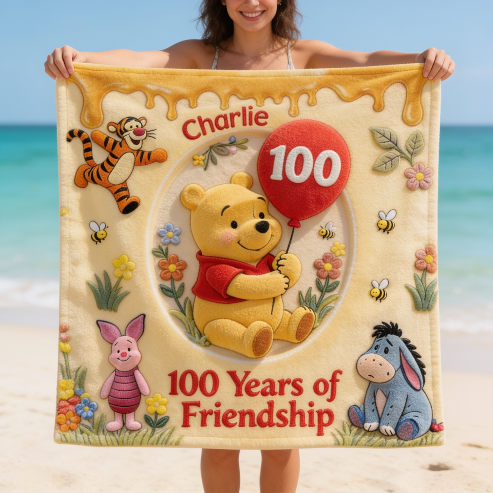 100th Anniversary Friendship With Honey Bear Celebration - Personalized Beach Towel - Vacation Gift For Movie Fans - DSNY - image 4