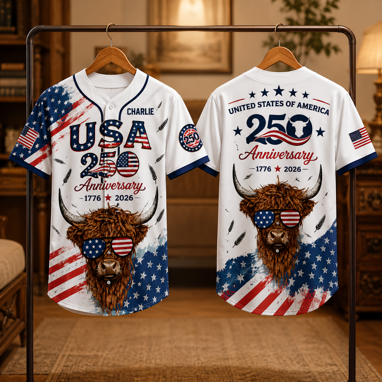 USA 250 Anniversary Highland Cow - Personalized Baseball Jersey - Gift For Patriots - image 4