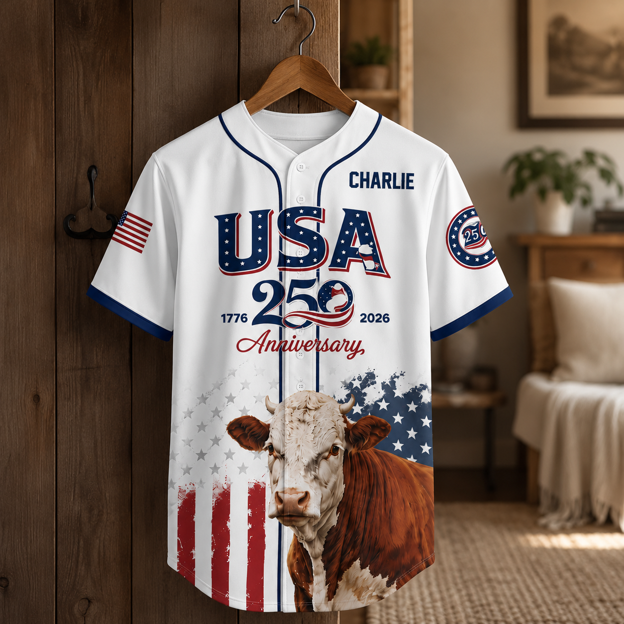 USA 250 Anniversary Hereford Cattle - Personalized Baseball Jersey - Gift For Patriots - image 4