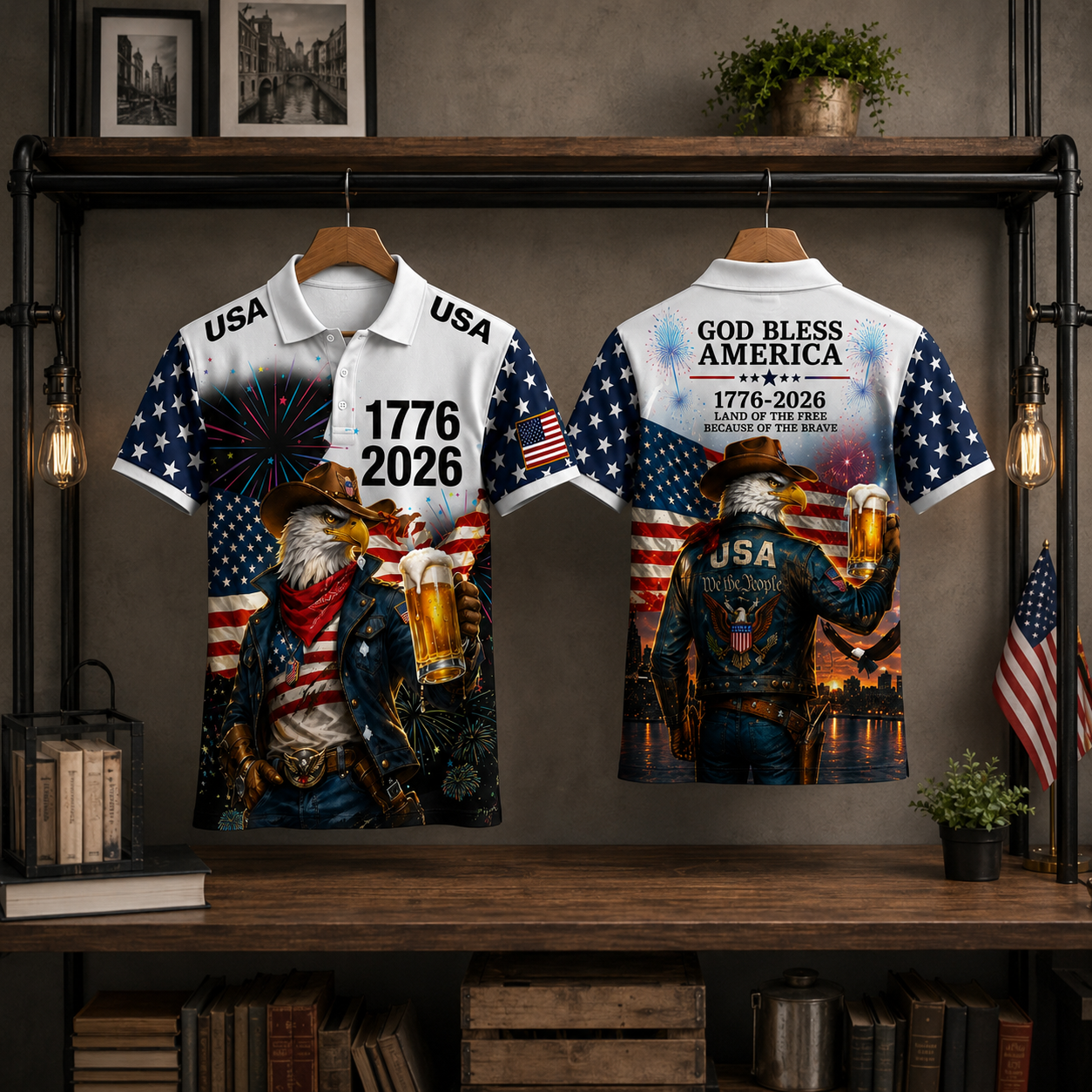 God Bless America Cowboy Eagle Beer 1776 2026 - Personalized Polo Shirt - Gift For Him - image 4