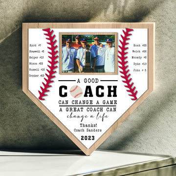 Custom Baseball Coach Wooden Sign, Baseball Sign, End of Season Manager Gift, Team Gift, Team Photo Hanging Plaque, A Great Coach Can Change A Life, MVP