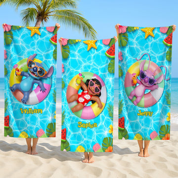 Summer Vacation With Cute Aliens - Personalized Beach Towel - Vacation Gift For Movie Fans - Sti BA01