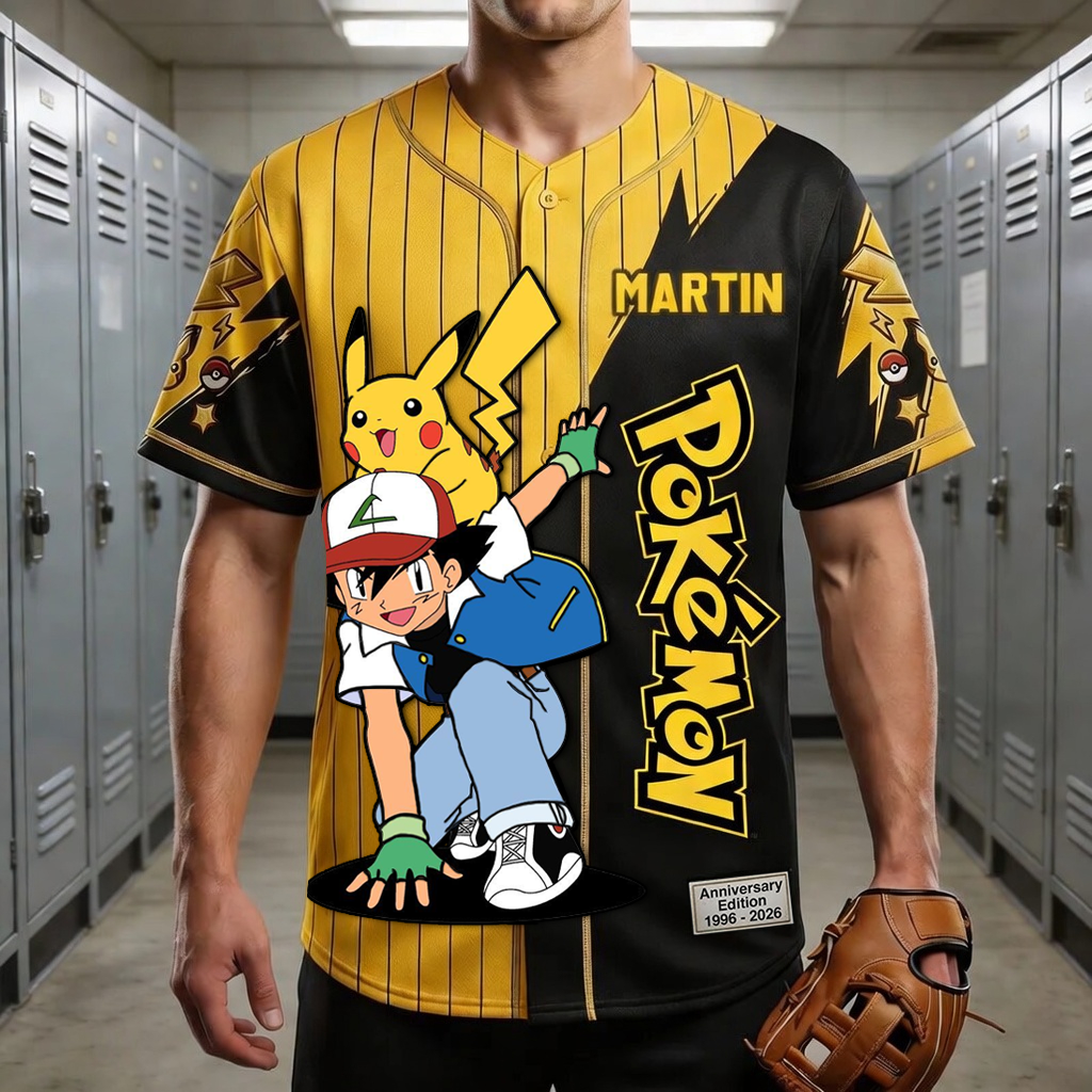 PoMo Celebrate 30 Years Of Catching Them All - Personalized Baseball Jersey For Kids, Adult - Anniversary Gift For Movie Fans BA01