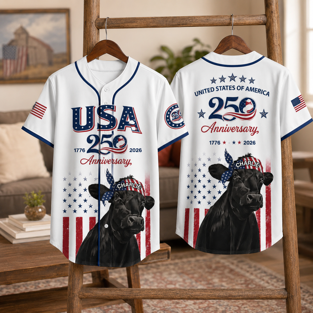 Black Cow Bandana USA 250th - Personalized Baseball Jersey - Patriotic Gift For Family - image 4