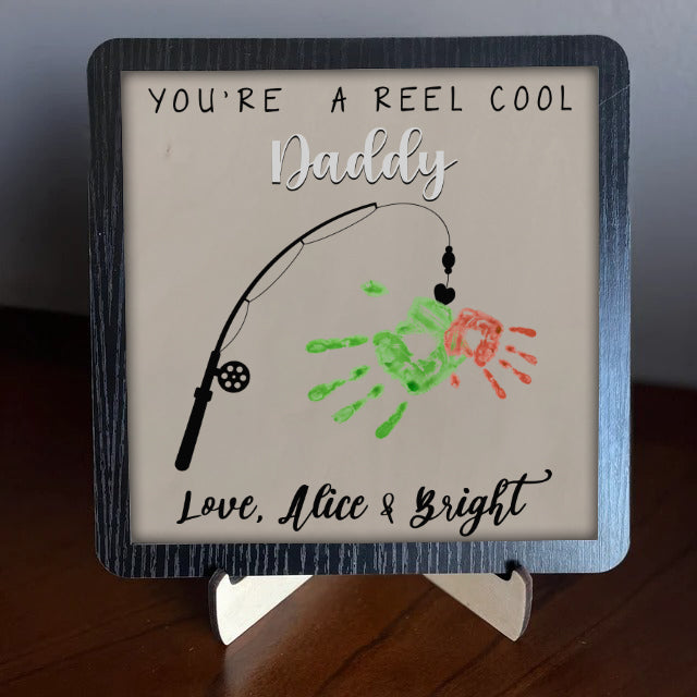 litzzy Personalized Reel Catch Papa Handprint, DIY Fishing Handprint For Father Day Gift - Litzzy DIY Customized Handmade Custom Wooden Sign   