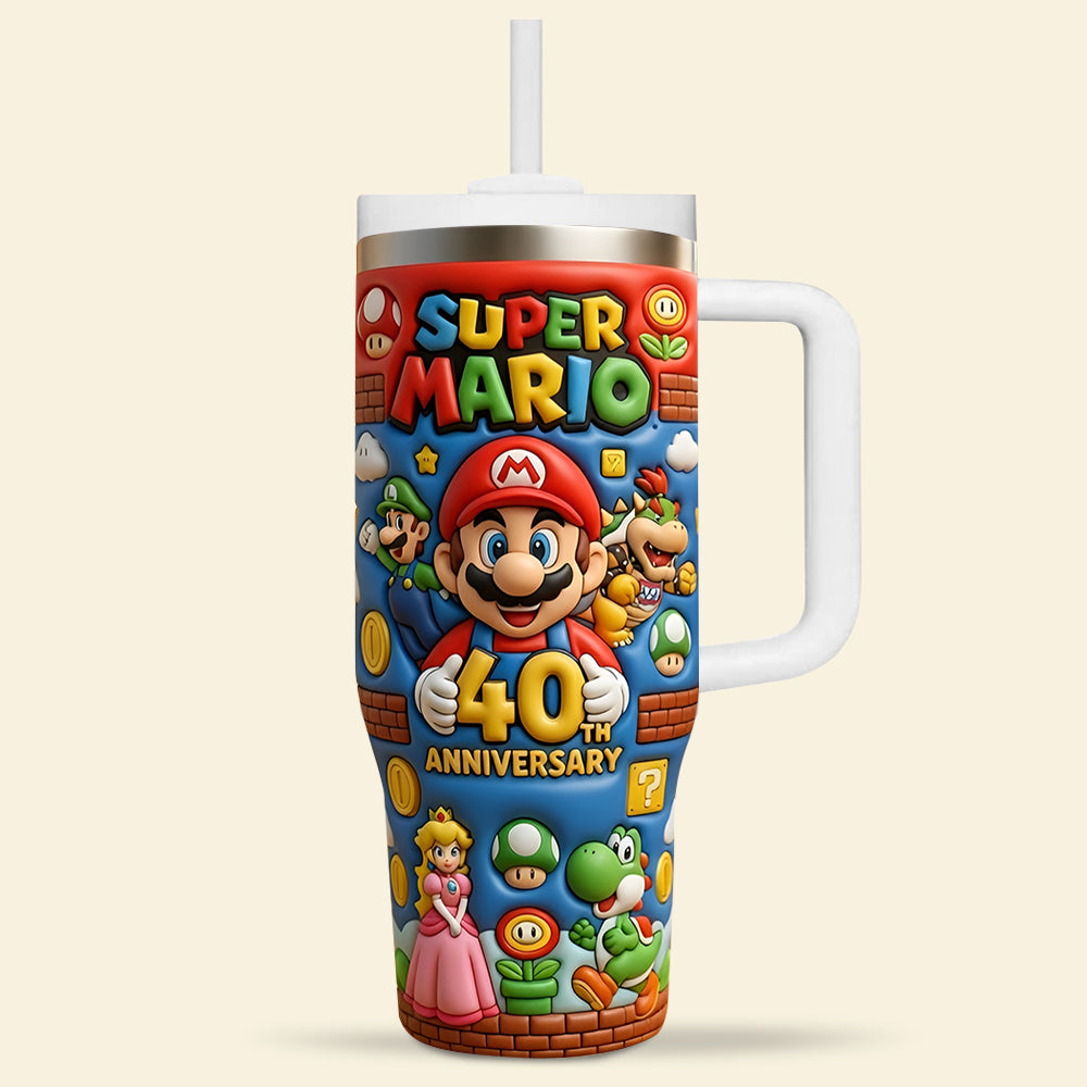 Mario 40 Years Becoming Legend - Personalized Tumbler With Handle - Anniversary Gift For Movie Fans