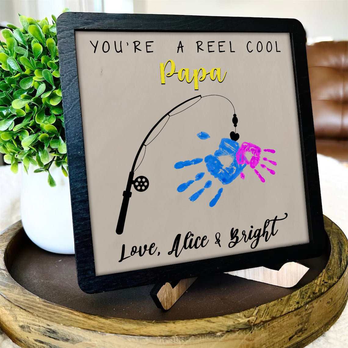 litzzy Personalized Reel Catch Papa Handprint, DIY Fishing Handprint For Father Day Gift - Litzzy DIY Customized Handmade Custom Wooden Sign   