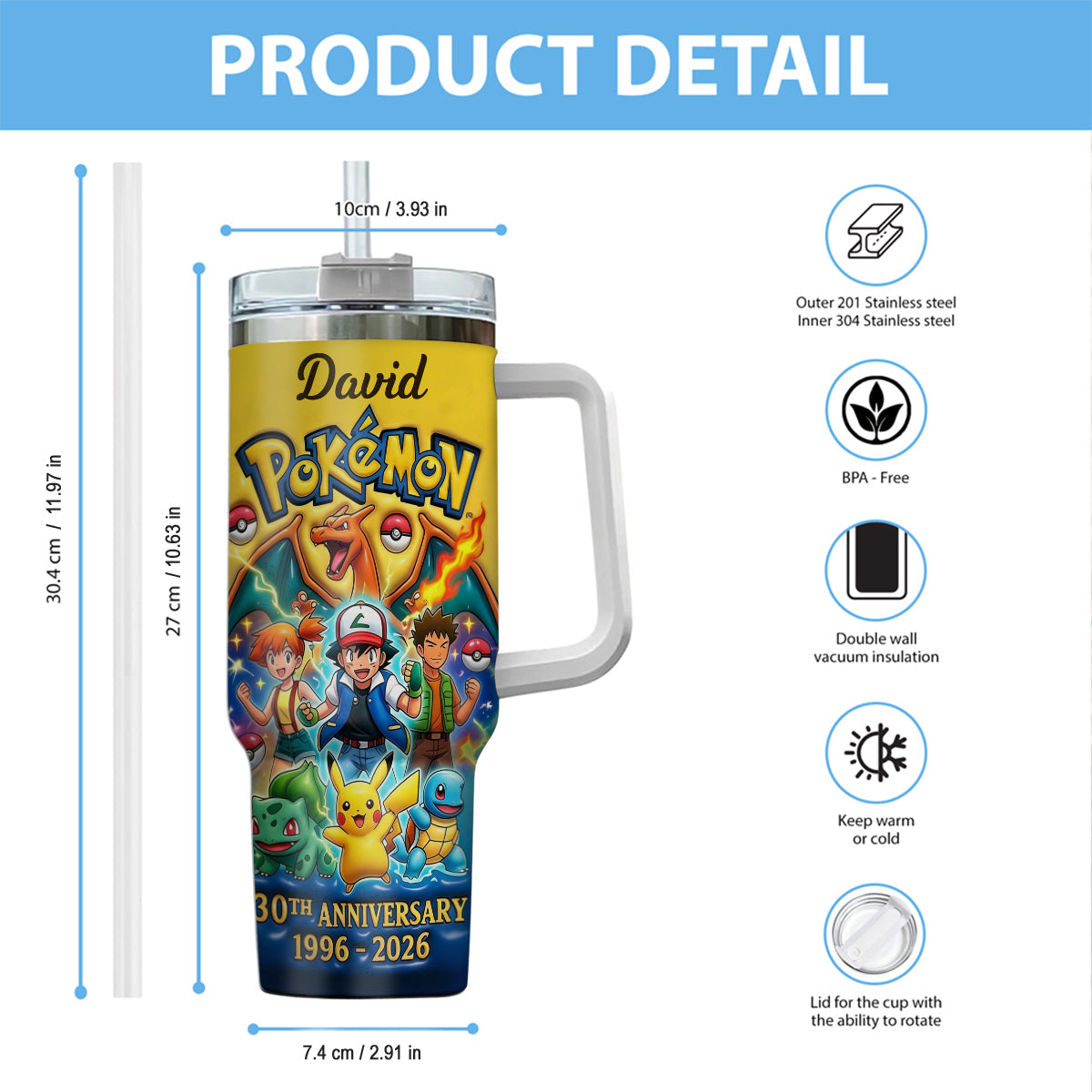 PoMo 30th Anniversary Power Monster With Their Boss - Personalized Tumbler With Handle - Gift For Movie Fans