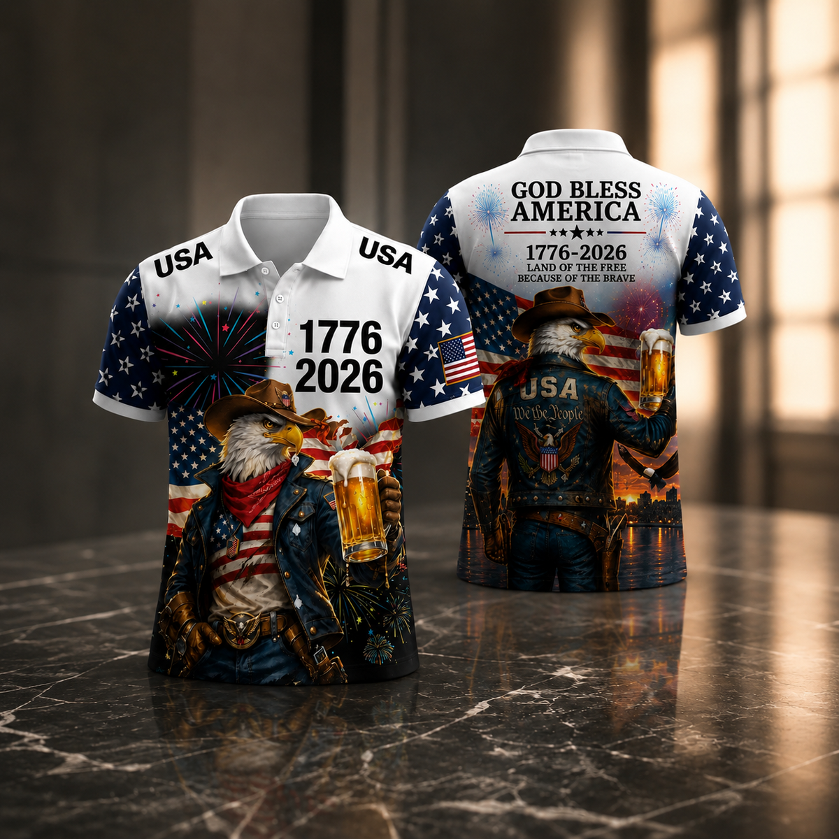 God Bless America Cowboy Eagle Beer 1776 2026 - Personalized Polo Shirt - Gift For Him - image 5
