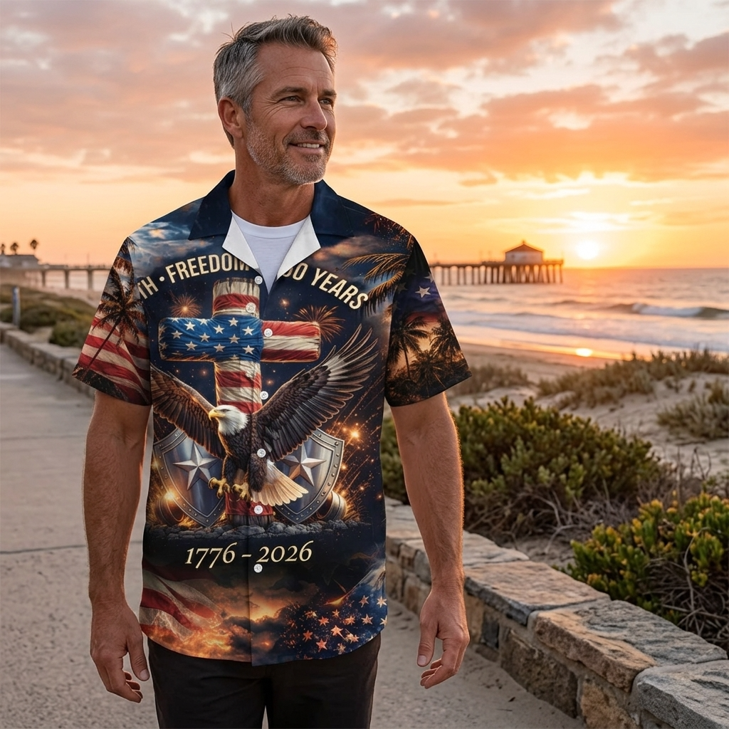 USA 250 Years Faith Freedom Cross Eagle - Hawaiian Shirt - Gift For Him - image 5