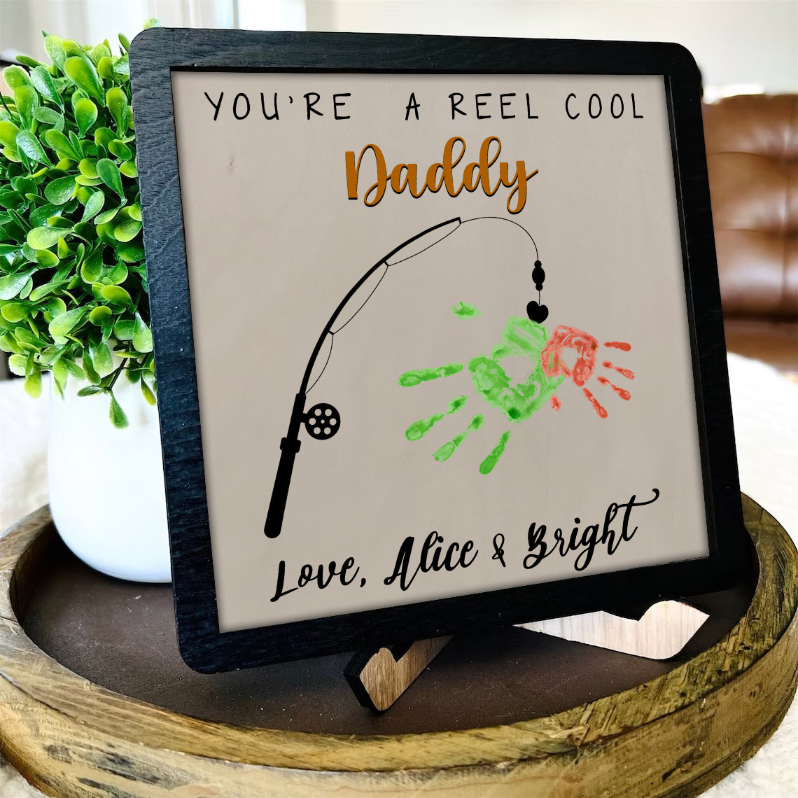 litzzy Personalized Reel Catch Papa Handprint, DIY Fishing Handprint For Father Day Gift - Litzzy DIY Customized Handmade Custom Wooden Sign   