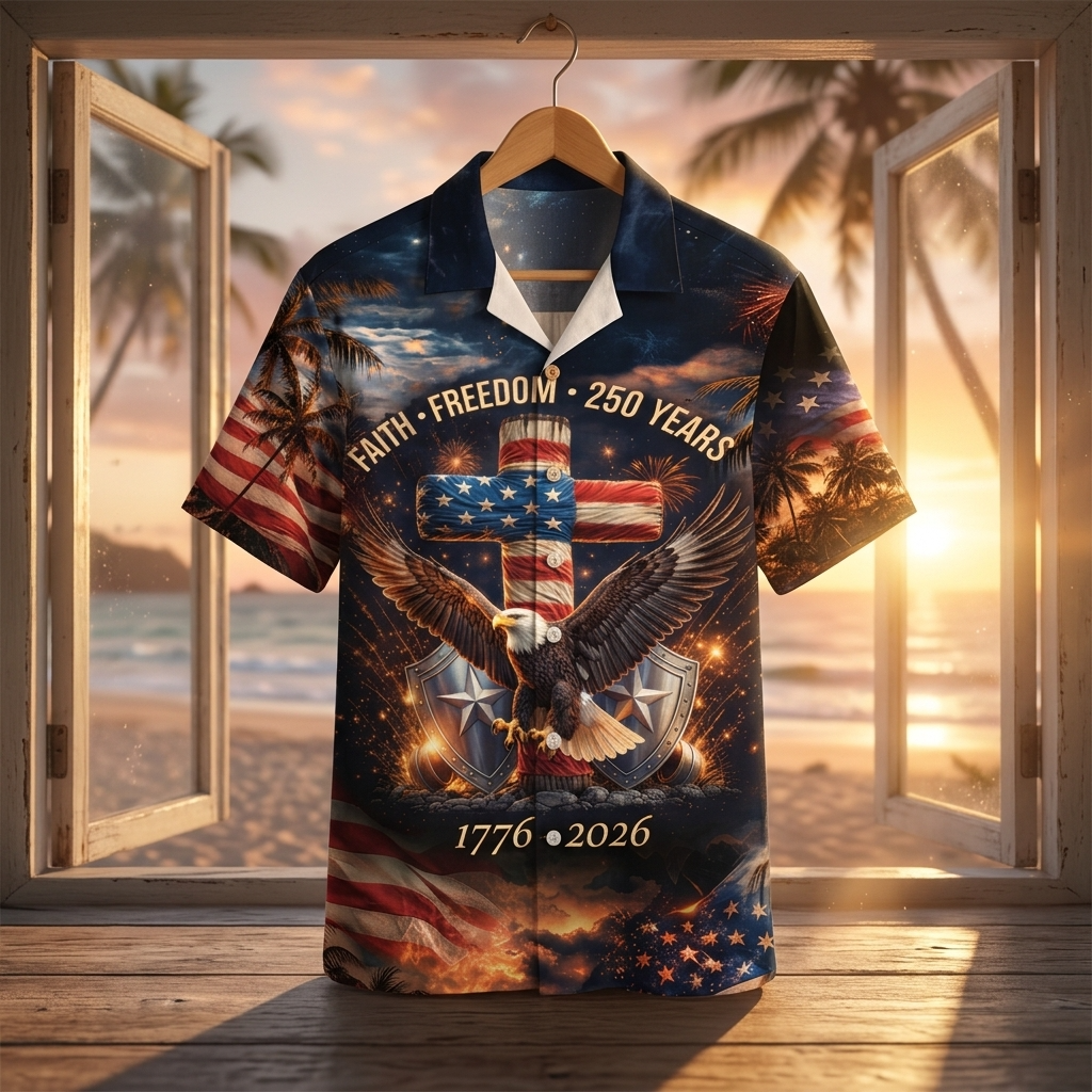 USA 250 Years Faith Freedom Cross Eagle - Hawaiian Shirt - Gift For Him - image 6