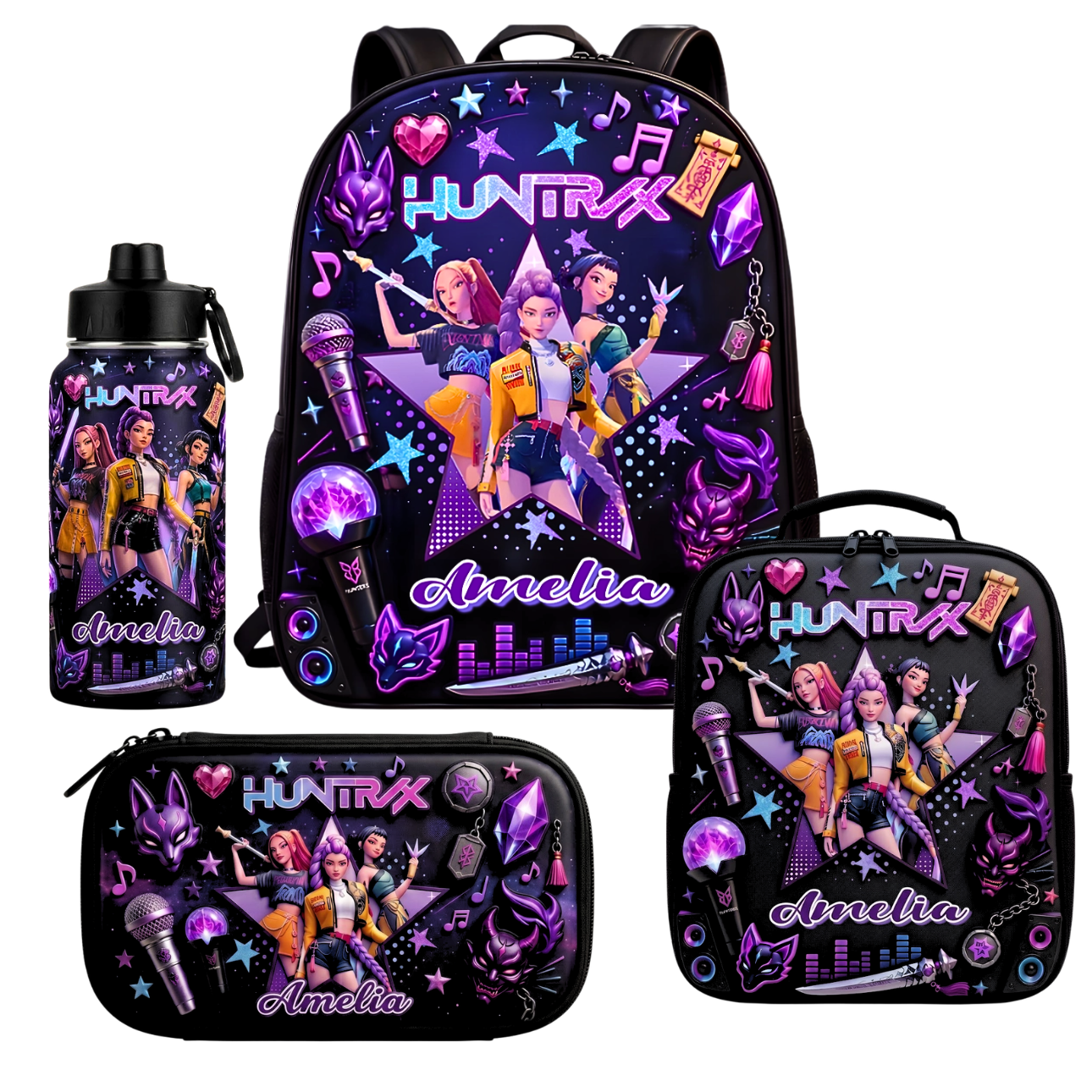 Fantasy Pop Warriors Neon Music - Personalized Backpack, Lunch Bag, Pencil Case & Water Bottle - Back to School Gift - image 3