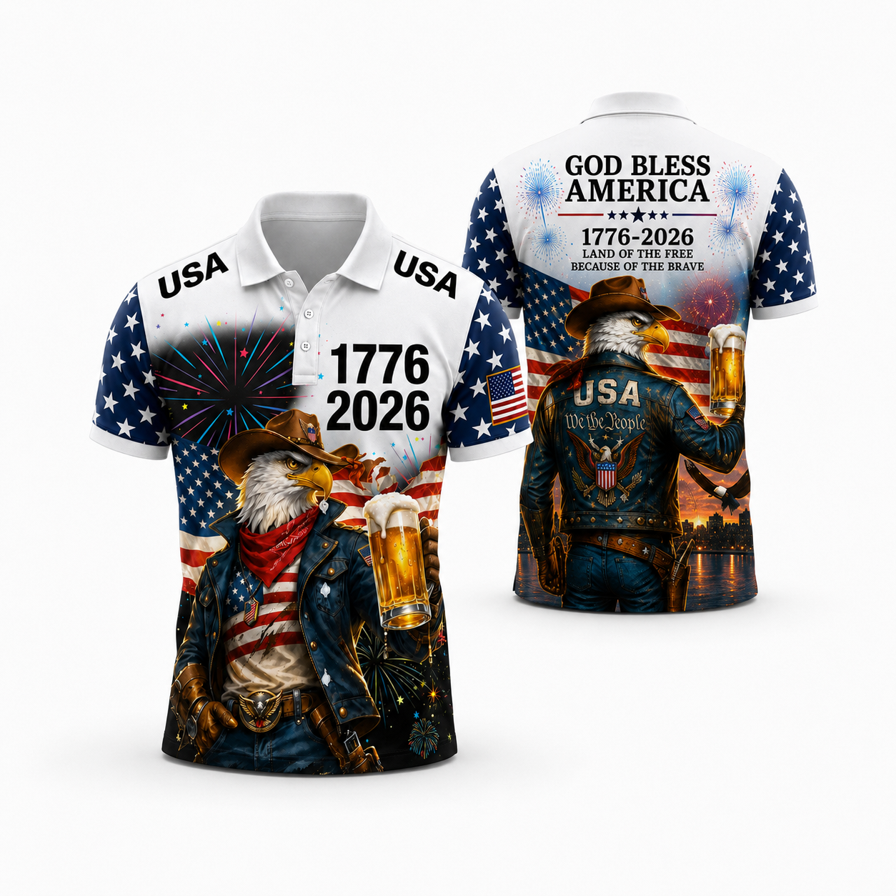 God Bless America Cowboy Eagle Beer 1776 2026 - Personalized Polo Shirt - Gift For Him - image 7