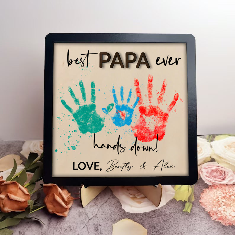 litzzy Personalized Best Dad Ever Signs, Father's Day Handprint Wooden Plaque, Handprint Art for Dad, Dad Custom Gift, Father's Day DIY Custom Wooden Sign   
