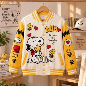 Happiness Is A Warm Hug - Personalized Varsity Jacket - Gift For Movie Fans
