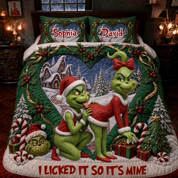 Grch Green Monster It's Mine Custom Name Christmas Gift For Couple - Personalized Quilted Bedding Set HH01