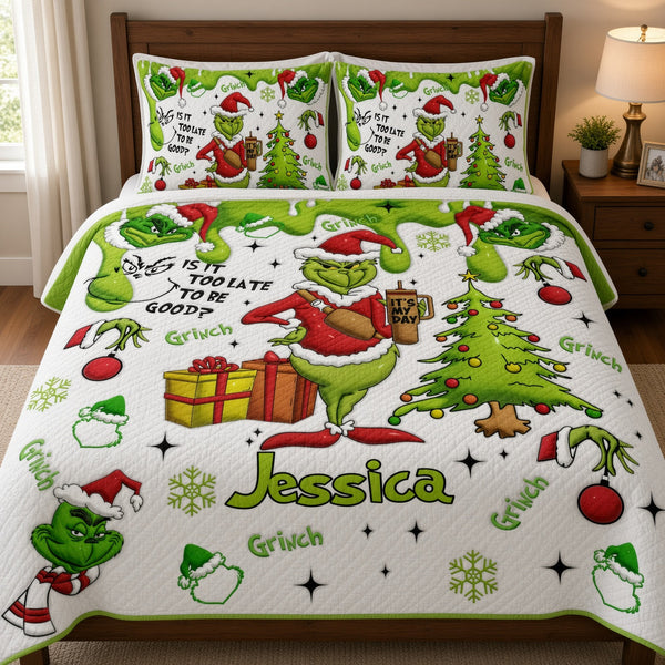Grch Green Monster Too Late To Be Good Custom Name Christmas Gift - Personalized Quilted Bedding Set HH01
