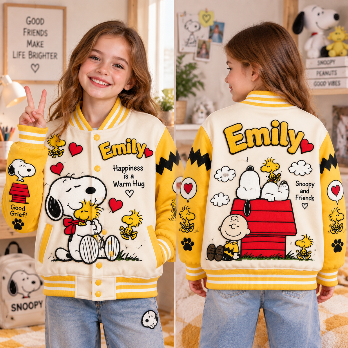 Happiness Is A Warm Hug - Personalized Varsity Jacket - Gift For Movie Fans