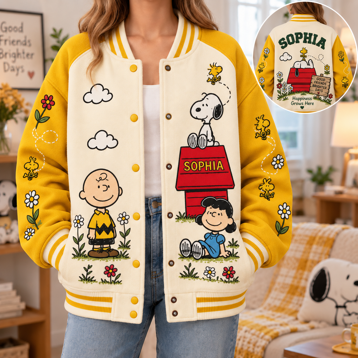 Happiness Grows Here - Personalized Varsity Jacket - Gift For Movie Fans