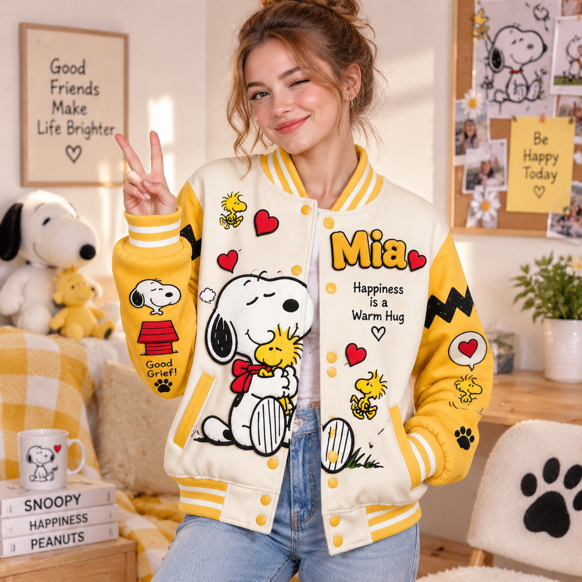 Happiness Is A Warm Hug - Personalized Varsity Jacket - Gift For Movie Fans