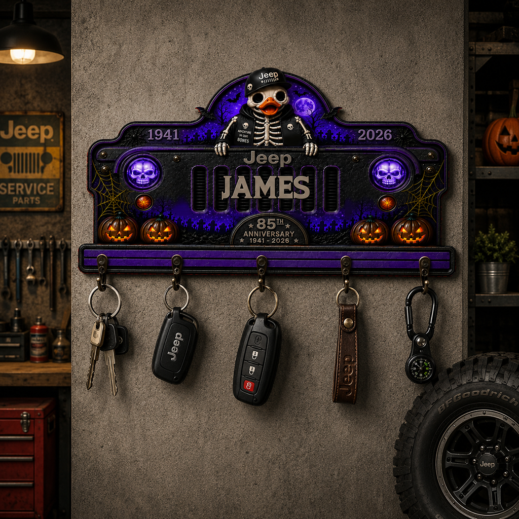 Jeep Skeleton Halloween 85th Anniversary Personalized Wooden Key Holder-DN2808261104