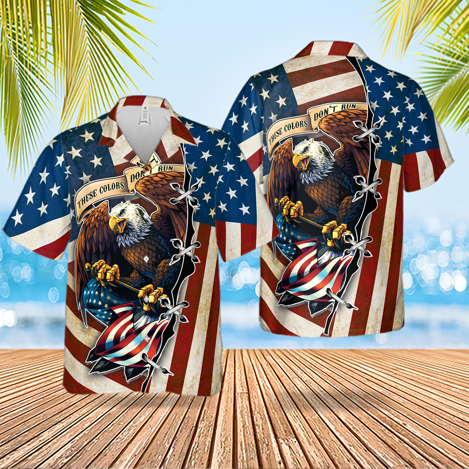 litzzy Litzzy American Flag Eagle Print Collar Hawaiian Shirt, 4th of July Men's Short Sleeve Patriotic Hawaii Shirt S  